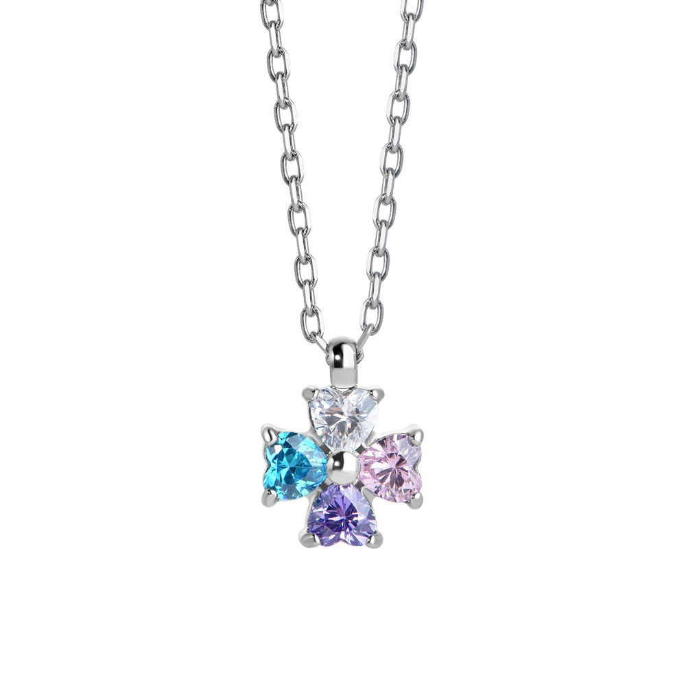 COLLANA BAMBINA IN ACCIAIO CON QUADRIFOGLIO CON ZIRCONI MULTICOLOR