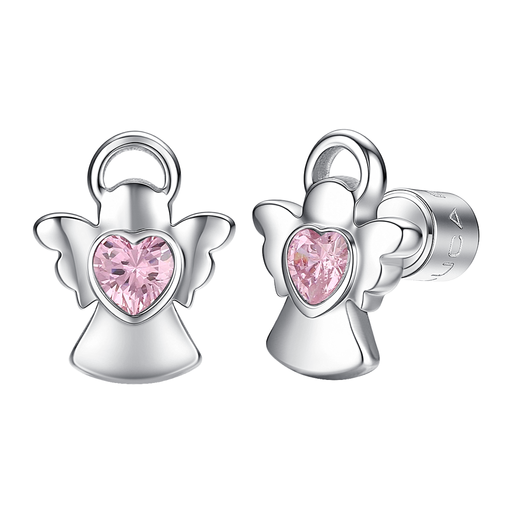 ORECCHINI BAMBINA IN ACCIAIO ANGELO CON ZIRCONE ROSA