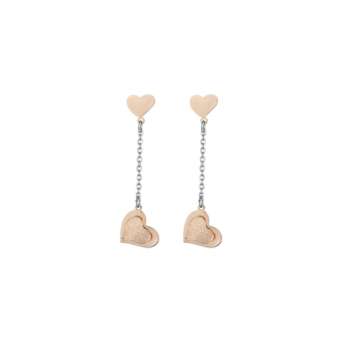 ORECCHINI IN ACCIAIO, CUORI IN ACCIAIO IP ROSE CON GLITTER IP ROSE
