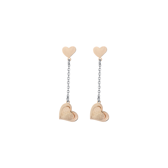 ORECCHINI IN ACCIAIO, CUORI IN ACCIAIO IP ROSE CON GLITTER IP ROSE