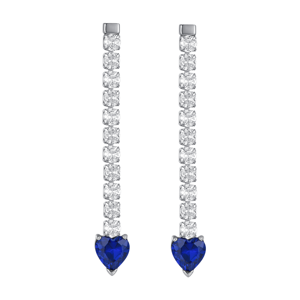 ORECCHINI TENNIS DONNA IN ACCIAIO CON CRISTALLI BIANCHI E CUORI CRISTALLI BLU