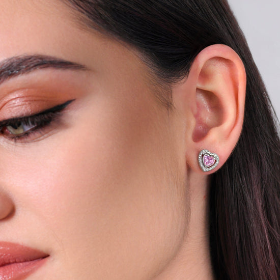 ORECCHINI DONNA IN ACCIAIO CUORE ZIRCONE ROSA