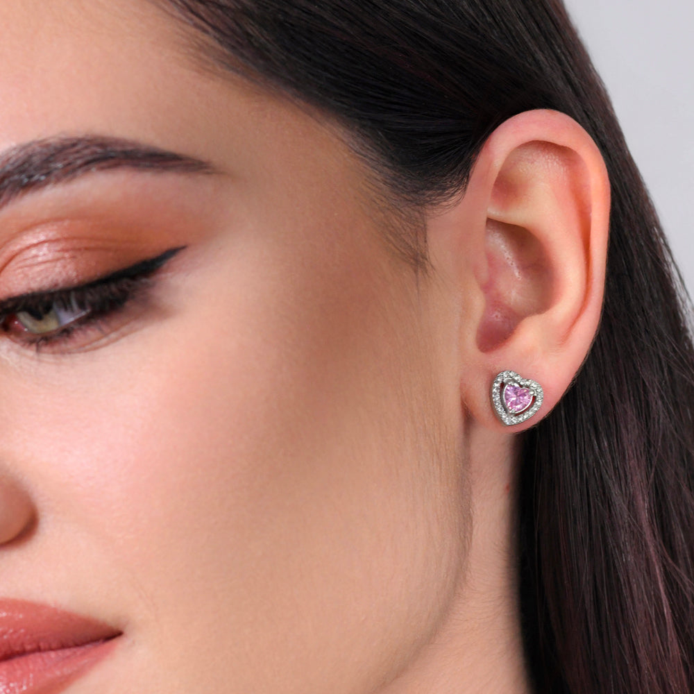ORECCHINI DONNA IN ACCIAIO CUORE ZIRCONE ROSA