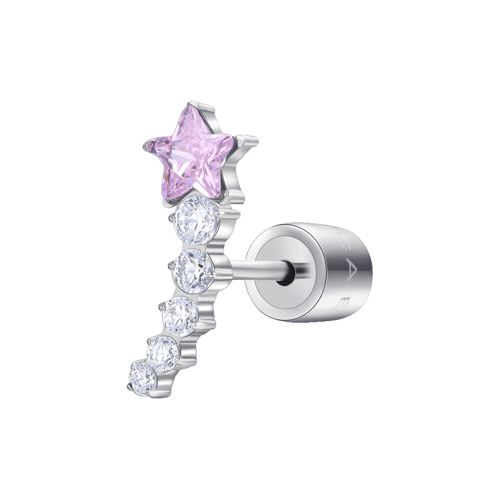 MONO ORECCHINO DONNA IN ACCIAIO STELLA ROSA E CRISTALLI BIANCHI