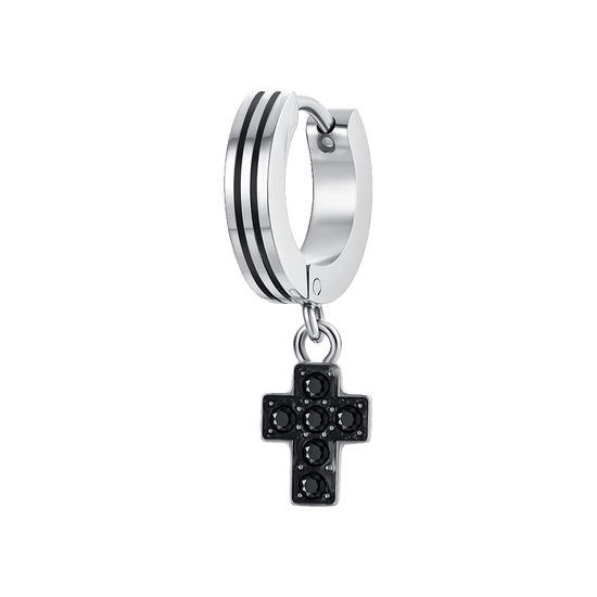 MONO ORECCHINO UOMO IN ACCIAIO CON CROCE IP NERO CON ZIRCONI NERI