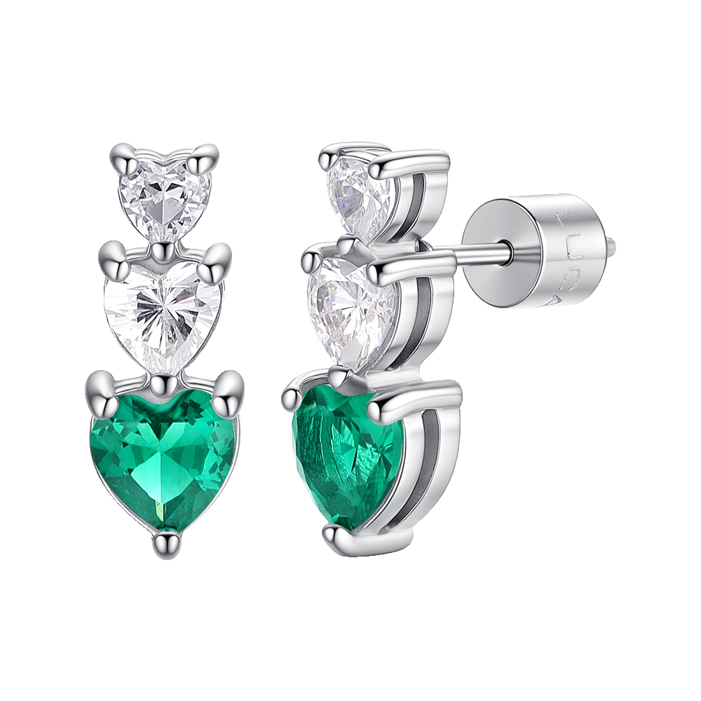 MONO ORECCHINO DONNA IN ACCIAIO CON CUORI CON ZIRCONI BIANCHI E VERDI