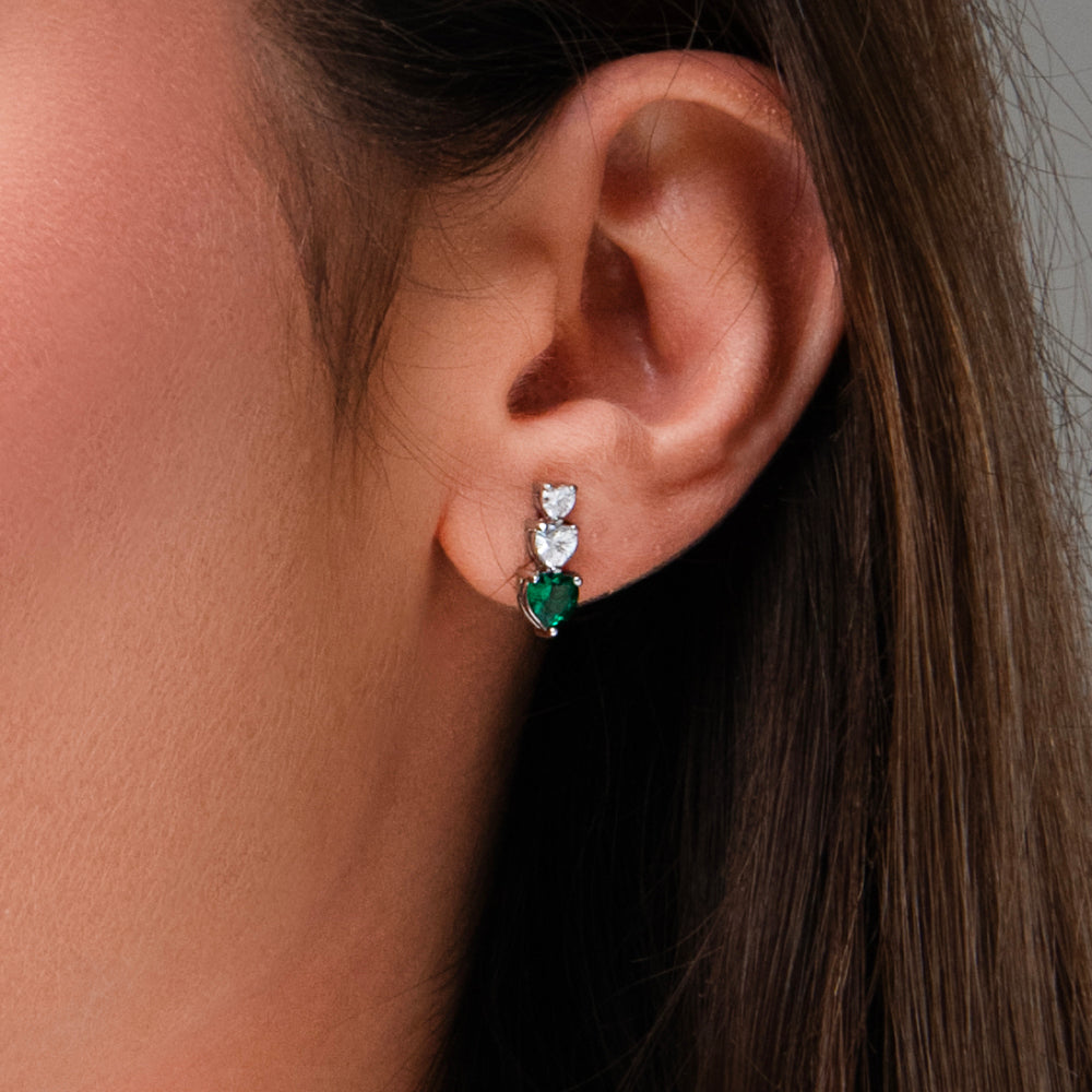 MONO ORECCHINO DONNA IN ACCIAIO CON CUORI CON ZIRCONI BIANCHI E VERDI