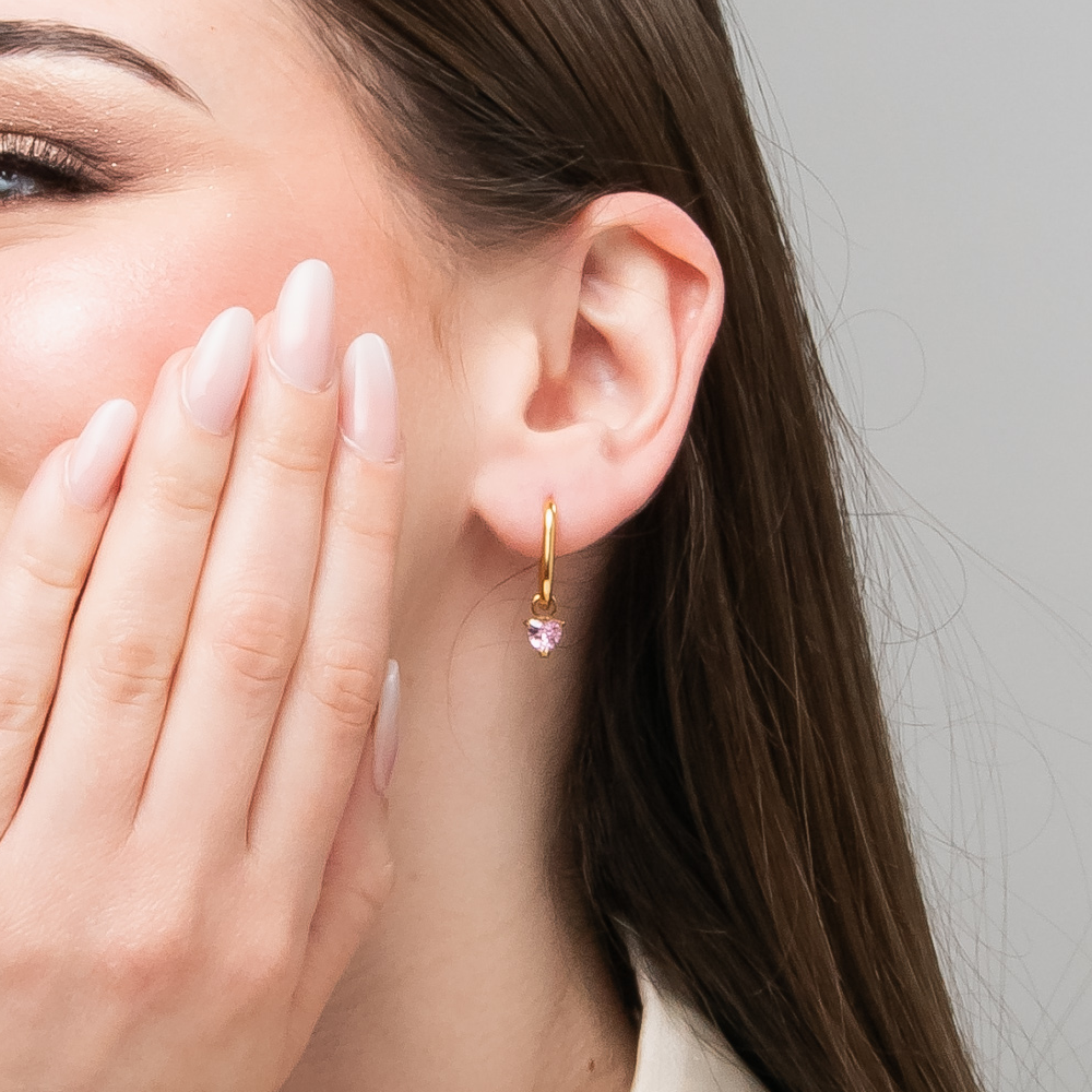 MONO ORECCHINO DONNA IN ACCIAIO COLORE ORO CON ZIRCONE ROSA