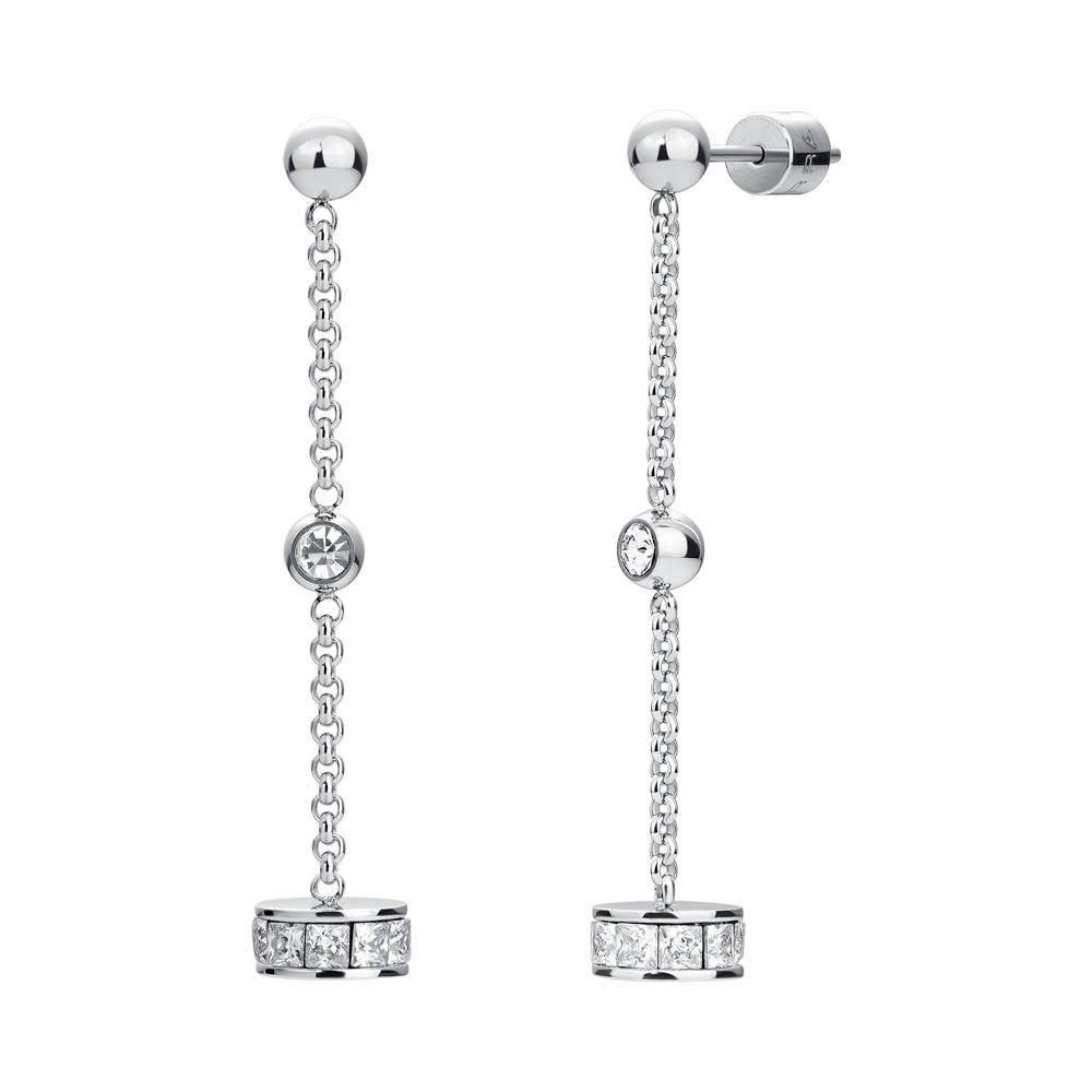ORECCHINI DONNA IN ACCIAIO, BUSSOLOTTO ED ELEMENTI CON ZIRCONI BIANCHI