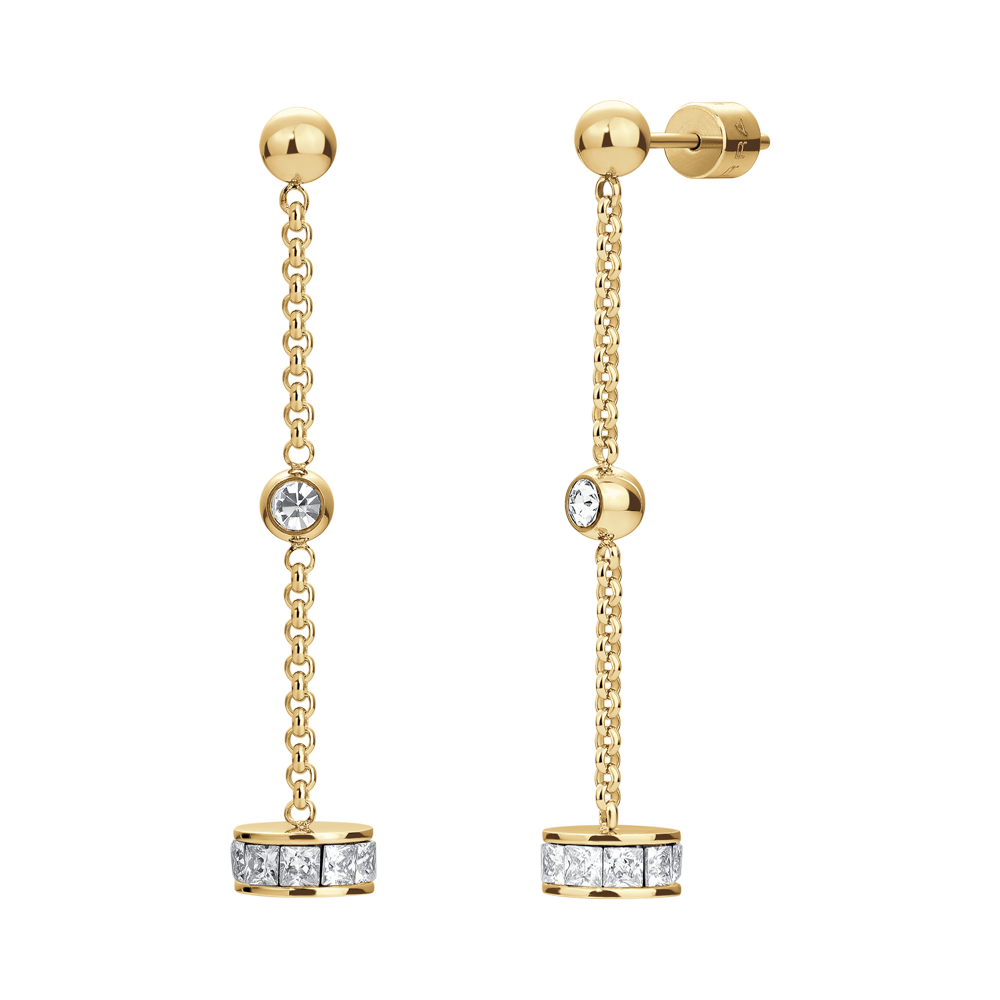 ORECCHINI DONNA IN ACCIAIO IP GOLD, BUSSOLOTTO ED ELEMENTI CON ZIRCONI BIANCHI