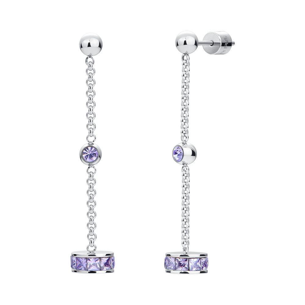 ORECCHINI DONNA IN ACCIAIO, BUSSOLOTTO ED ELEMENTI CON ZIRCONI VIOLA