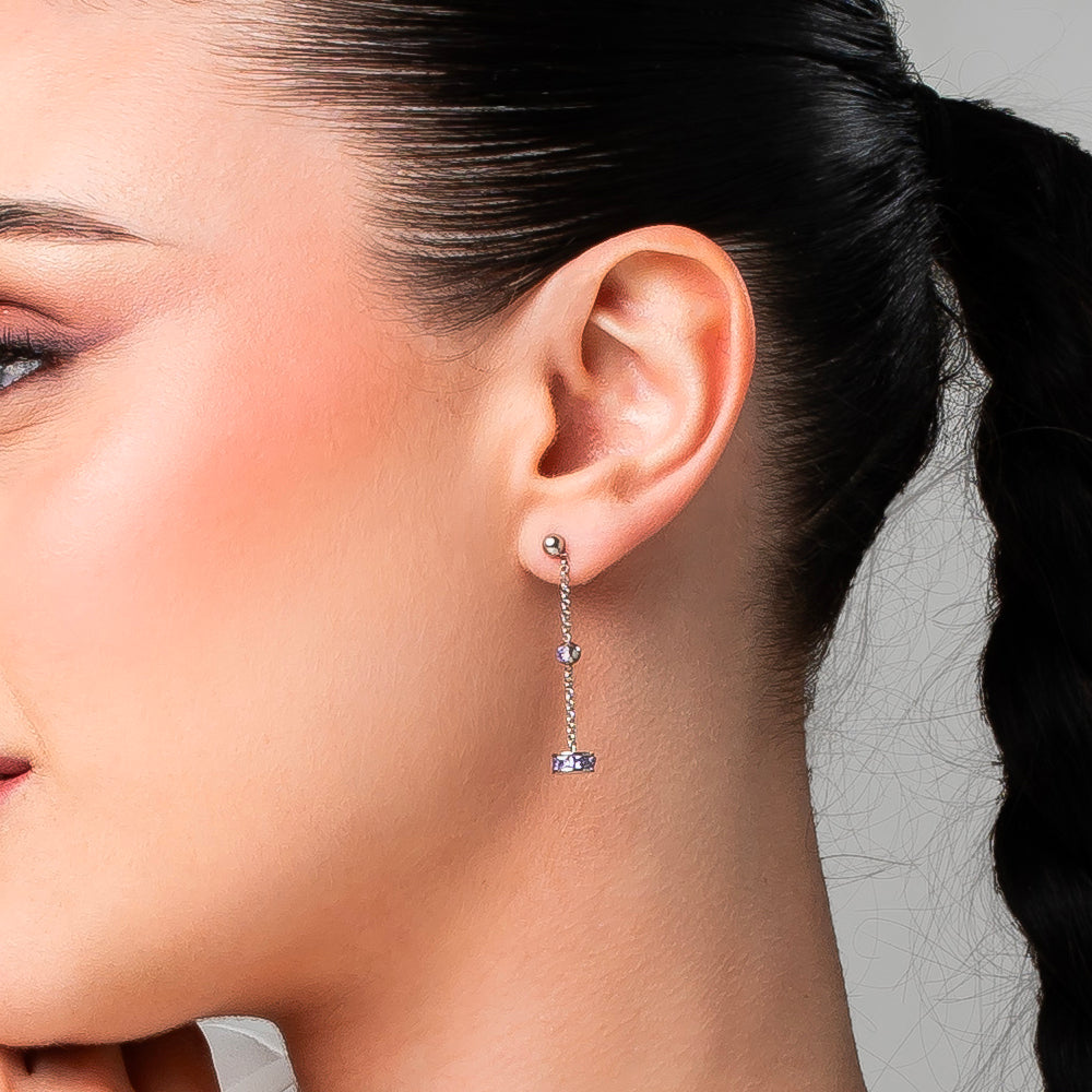 ORECCHINI DONNA IN ACCIAIO, BUSSOLOTTO ED ELEMENTI CON ZIRCONI VIOLA