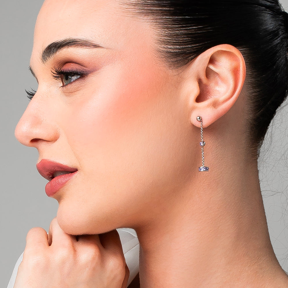 ORECCHINI DONNA IN ACCIAIO, BUSSOLOTTO ED ELEMENTI CON ZIRCONI VIOLA