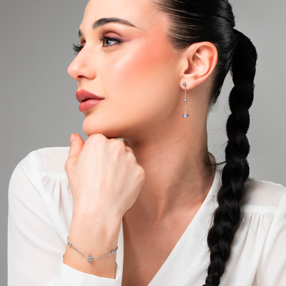 ORECCHINI DONNA IN ACCIAIO, BUSSOLOTTO ED ELEMENTI CON ZIRCONI VIOLA