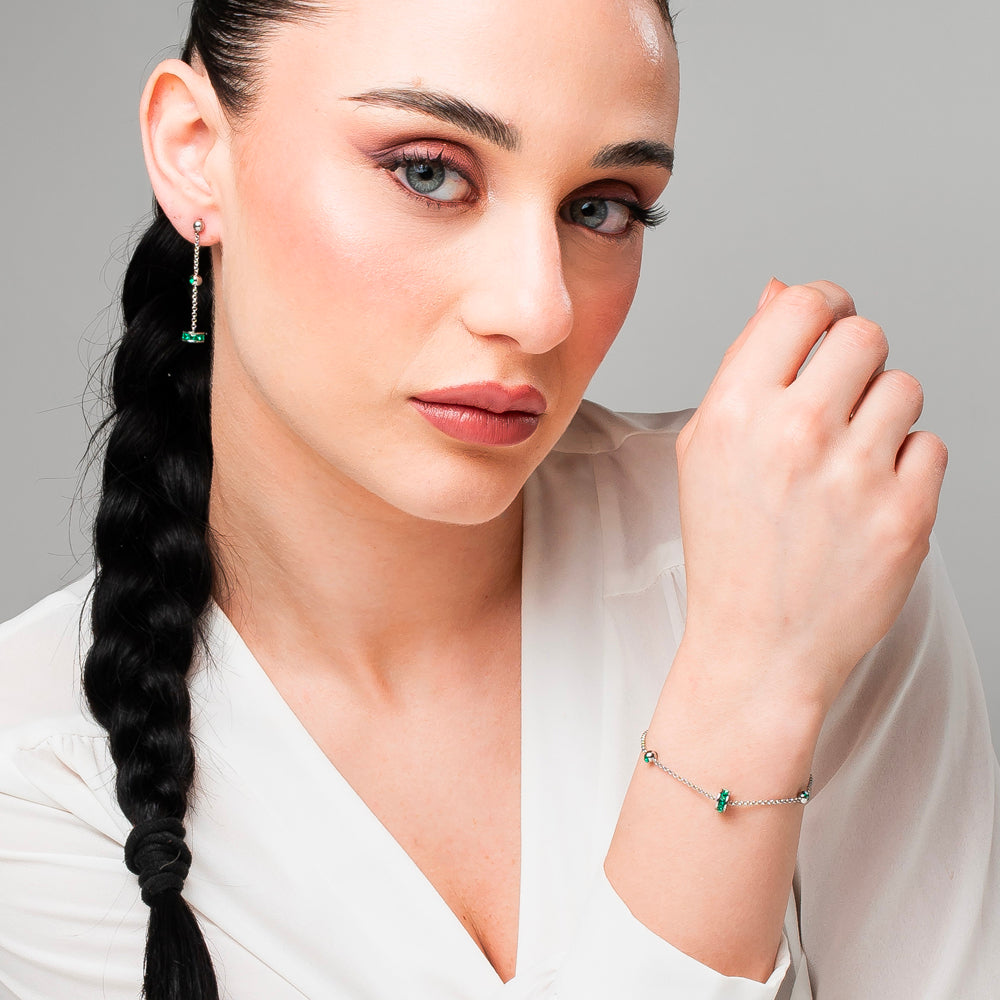 ORECCHINI DONNA IN ACCIAIO, BUSSOLOTTO ED ELEMENTI CON ZIRCONI VERDI