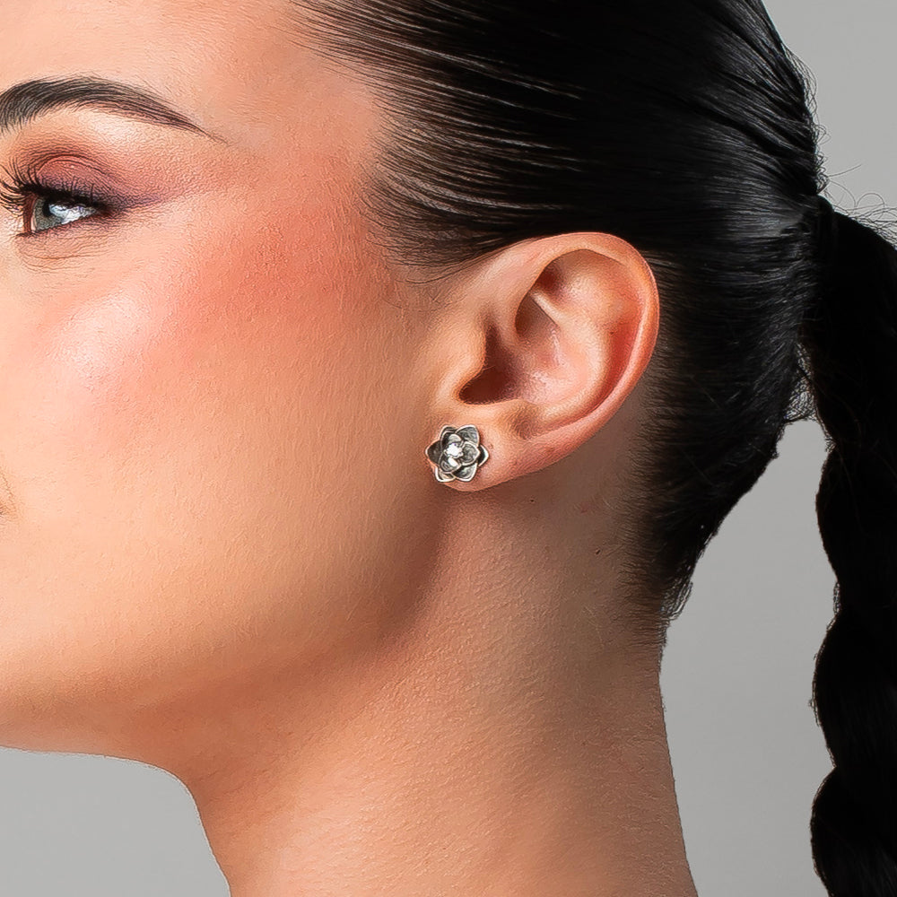 ORECCHINI DONNA IN ACCIAIO, FIORI CON ZIRCONI BIANCHI