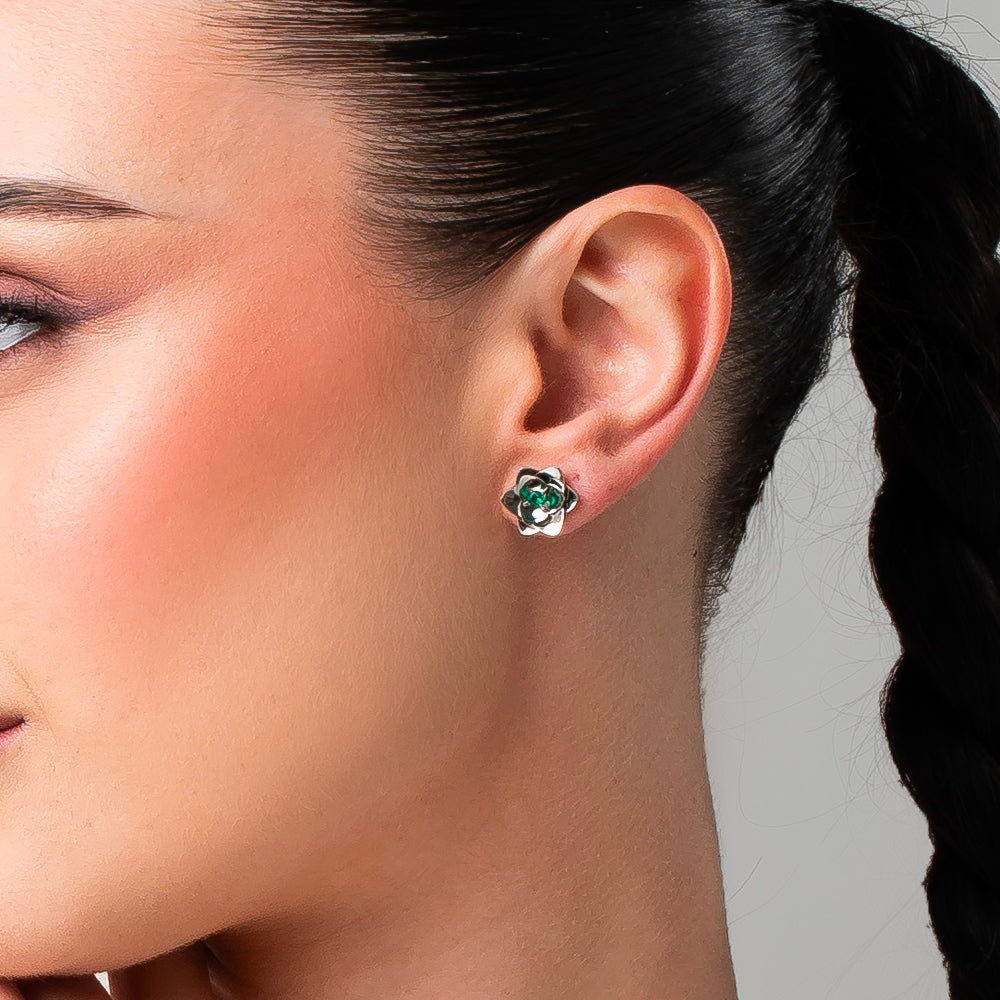 ORECCHINI DONNA IN ACCIAIO, FIORI CON ZIRCONI VERDI