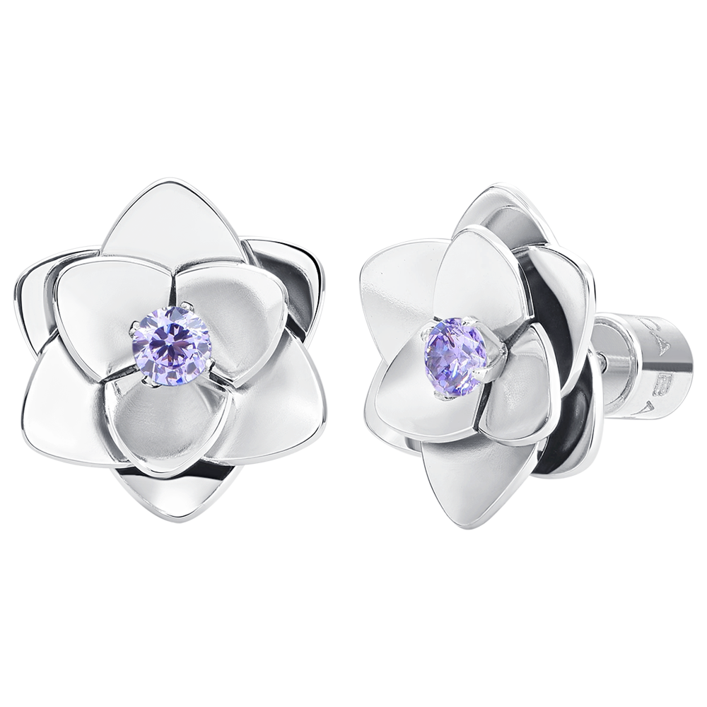 ORECCHINI DONNA IN ACCIAIO, FIORI CON ZIRCONI VIOLA