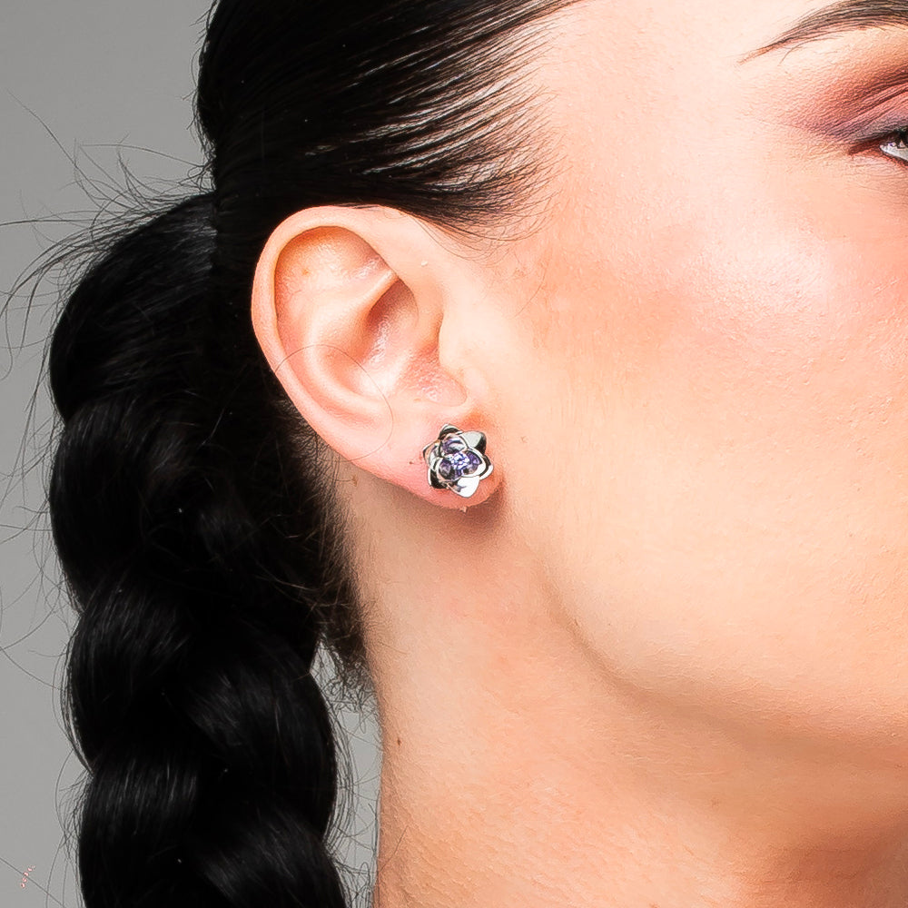 ORECCHINI DONNA IN ACCIAIO, FIORI CON ZIRCONI VIOLA