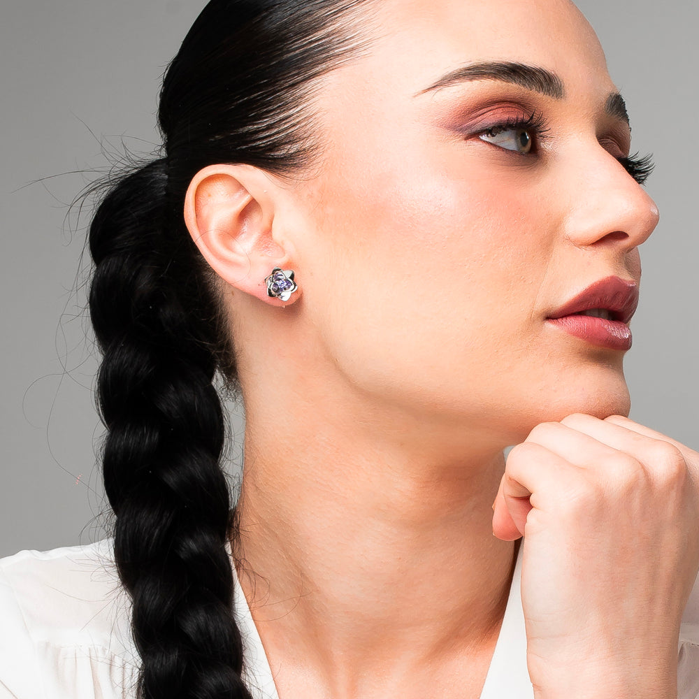 ORECCHINI DONNA IN ACCIAIO, FIORI CON ZIRCONI VIOLA