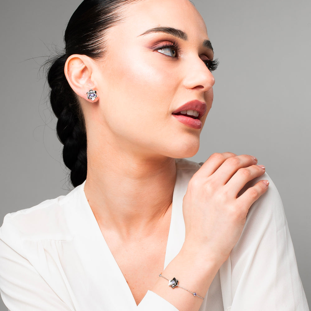 ORECCHINI DONNA IN ACCIAIO, FIORI CON ZIRCONI VIOLA