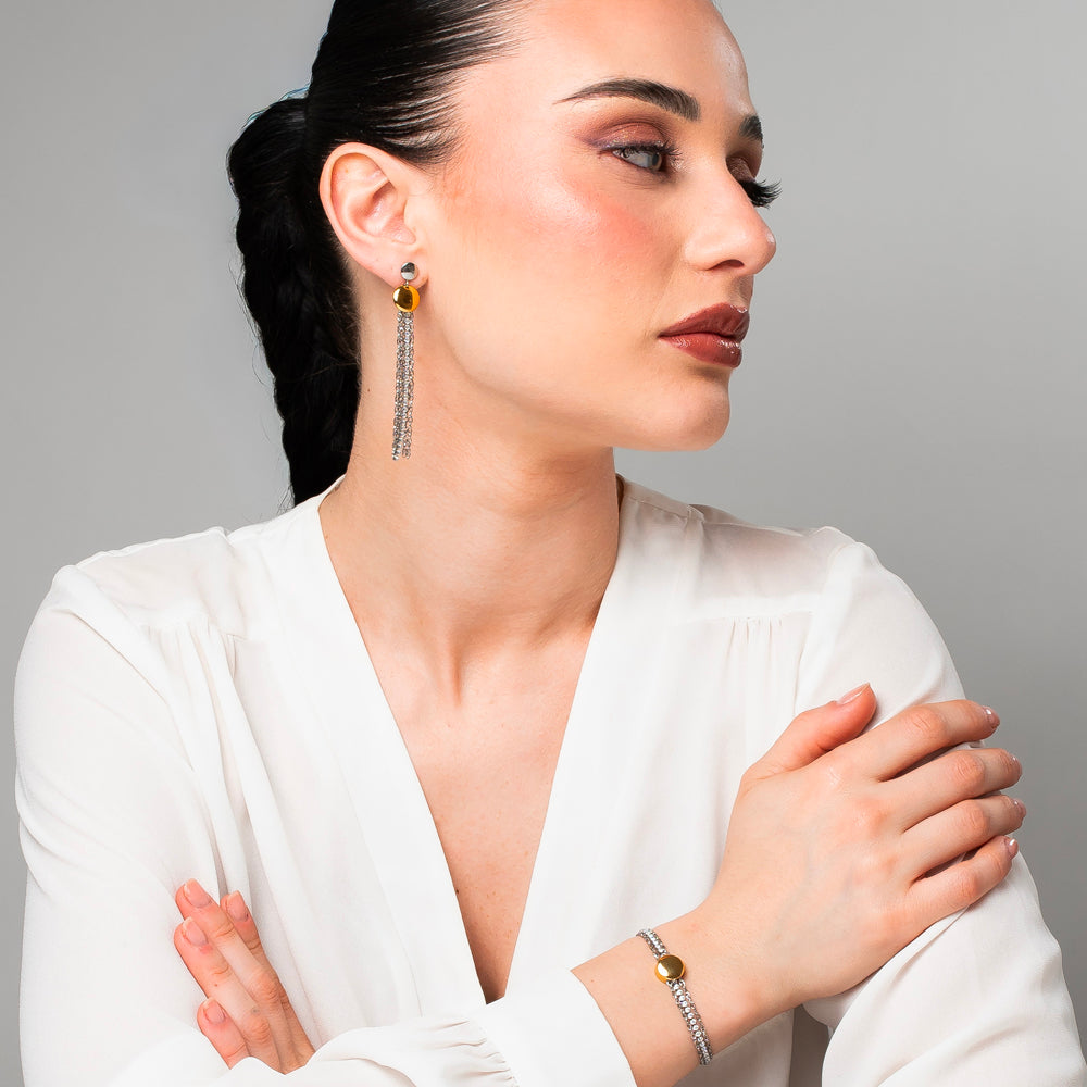 ORECCHINI DONNA IN ACCIAIO CON ELEMENTI IN ACCIAIO IP GOLD E CRISTALLI BIANCHI