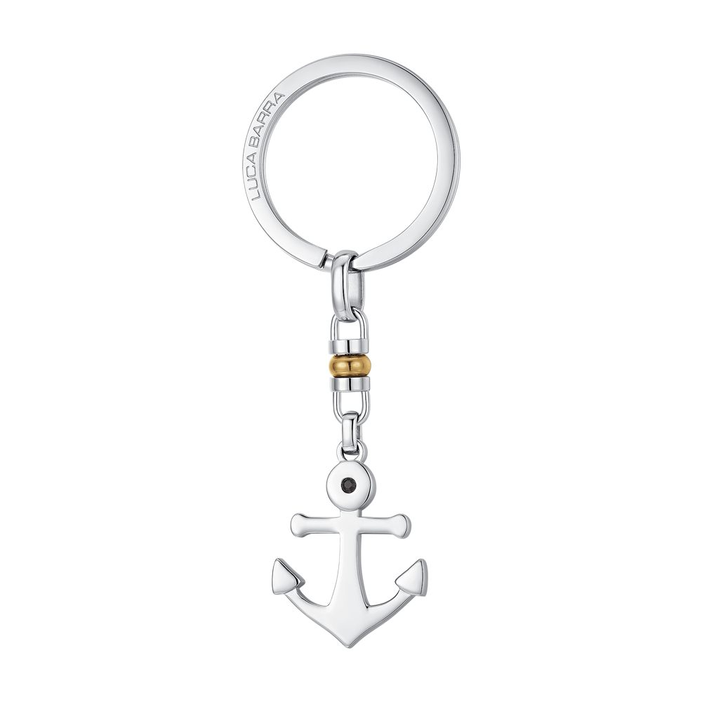 PORTACHIAVI UOMO IN ACCIAIO CON ANCORA, ZIRCONE NERO ED ELEMENTO IN IP GOLD