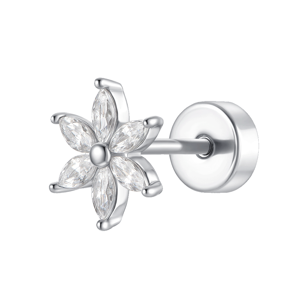 PIERCING ORECCHIO DONNA IN ACCIAIO FIORE PETALI ZIRCONI BIANCHI