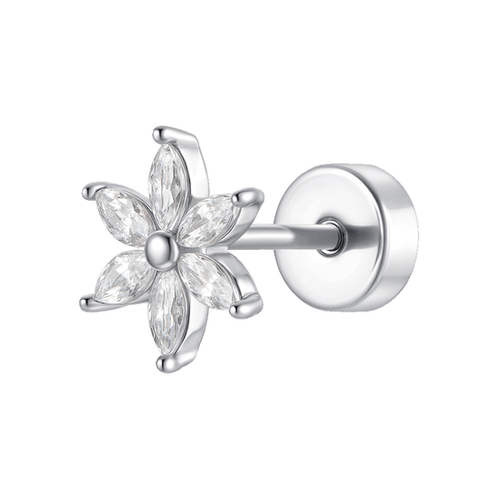 PIERCING ORECCHIO DONNA IN ACCIAIO FIORE PETALI ZIRCONI BIANCHI