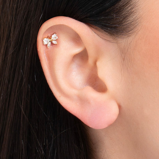 PIERCING ORECCHIO DONNA IN ACCIAIO  COLORE ORO FORMA FIOCCO CON ZIRCONI BIANCHI