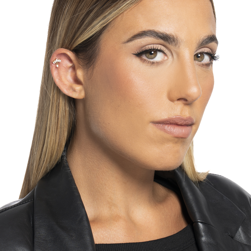 PIERCING ORECCHIO DONNA IN ACCIAIO COLORE ORO VENTAGLIO ZIRCONI BIANCHI